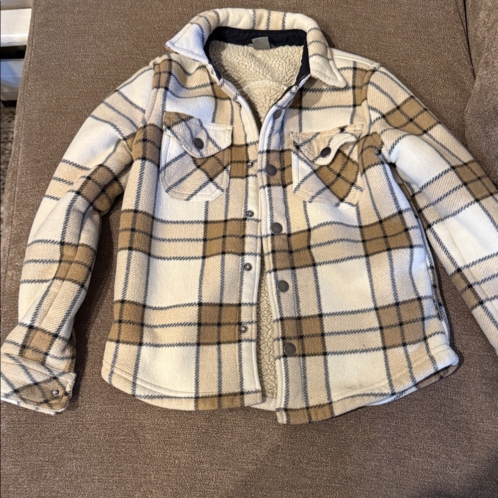 Eddie Bauer Kids Cream and Brown Plaid Shirt Jacket